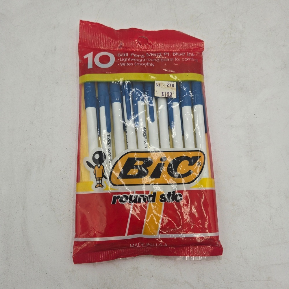 Vintage 1986 BIC Round Stic Ball Pens 10 Pack Blue Ink Medium Point Made in USA
